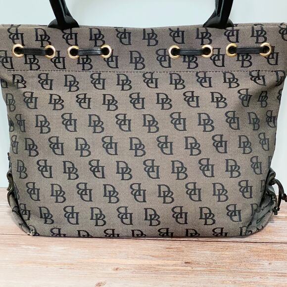 Vintage Dooney & Bourke Black Monogram Canvas Tote Bag with Leather Handles - Picture 4 of 8